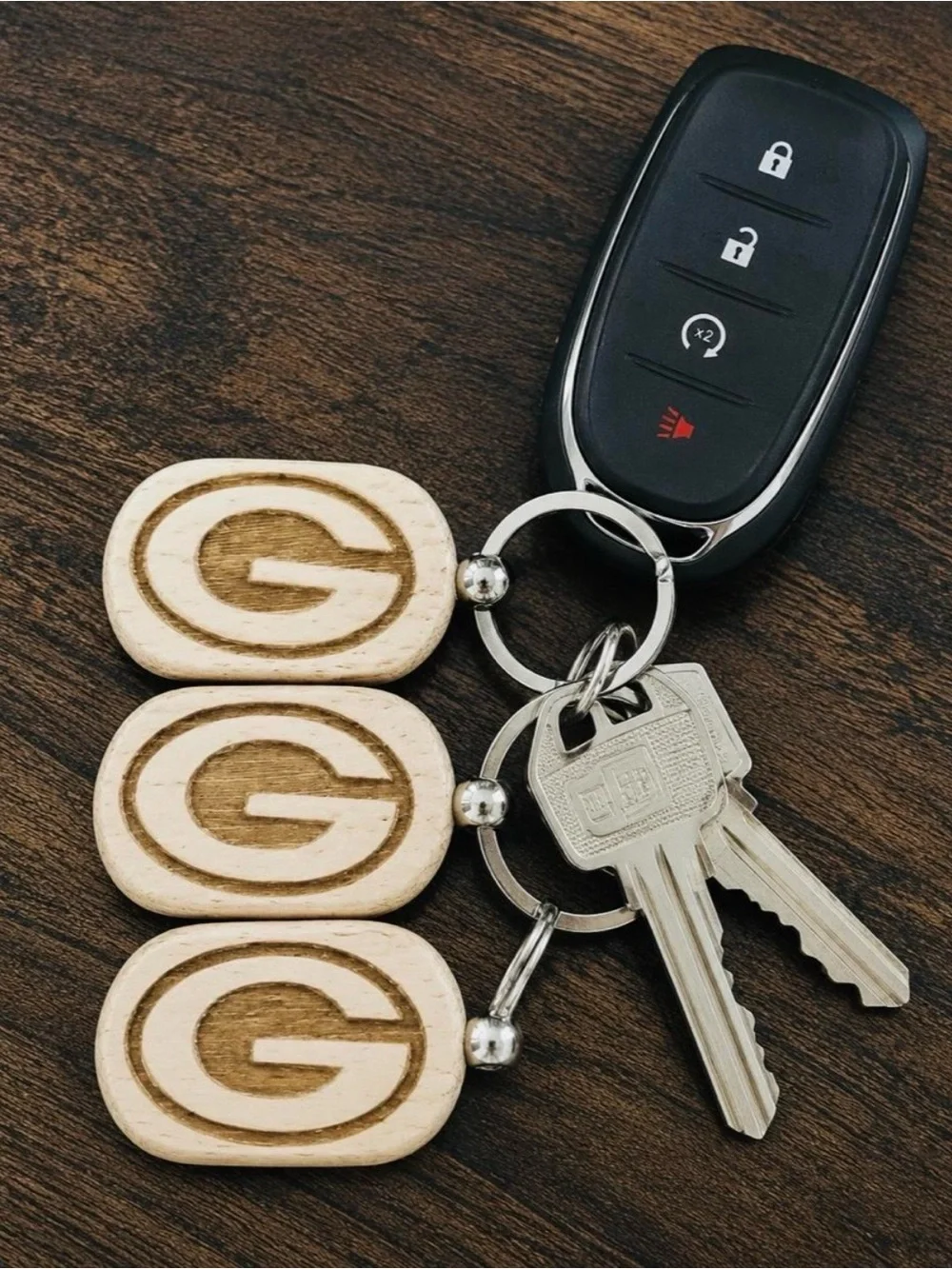 Set of 3 Wooden Greenbay Packers Logo Keychain Trio - Natural Beige
